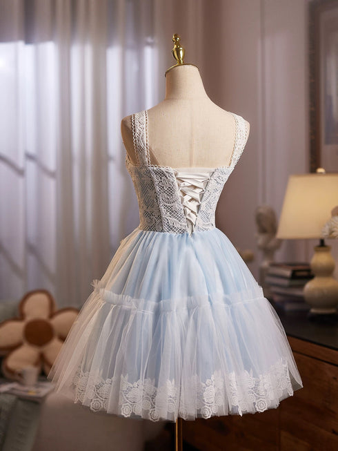 Light Blue Straps Lace and Tulle Knee Length Party Dress, Light Blue Homecoming Dress